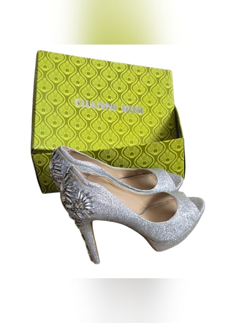 ​Gianni Bini Merri Silver Glitter Rhinestone Peep Toe Heels Size 9